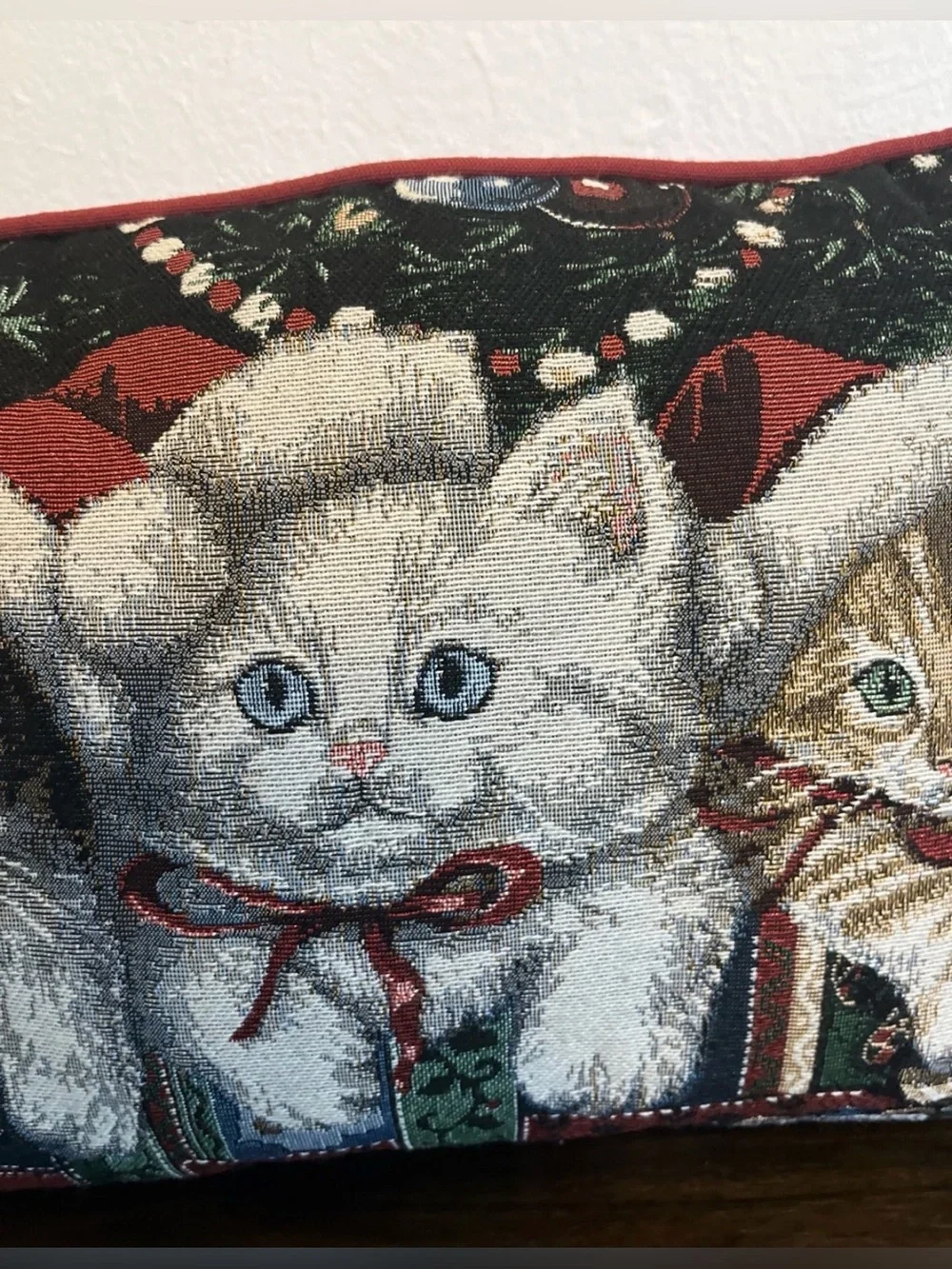 Christmas Holiday Kitten Cats Tapestry Pillow Throw Rectangle Lumbar 17”